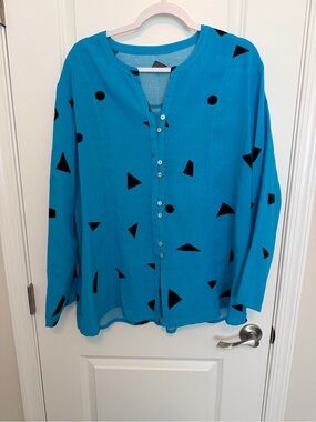 Fridaze Women's Teal Blue Button-Front Blouse with Black Geometric Print